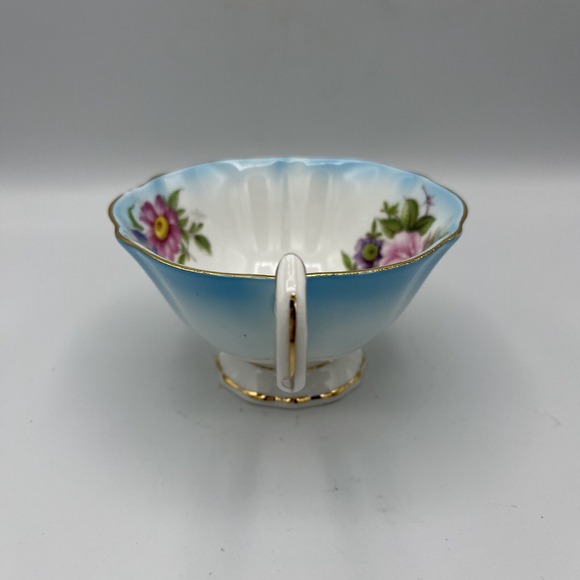 Vtg Queen Anne Cup Saucer Turquoise Blue Floral Cabbage Rose Footed Gold Trim - Picture 3 of 12